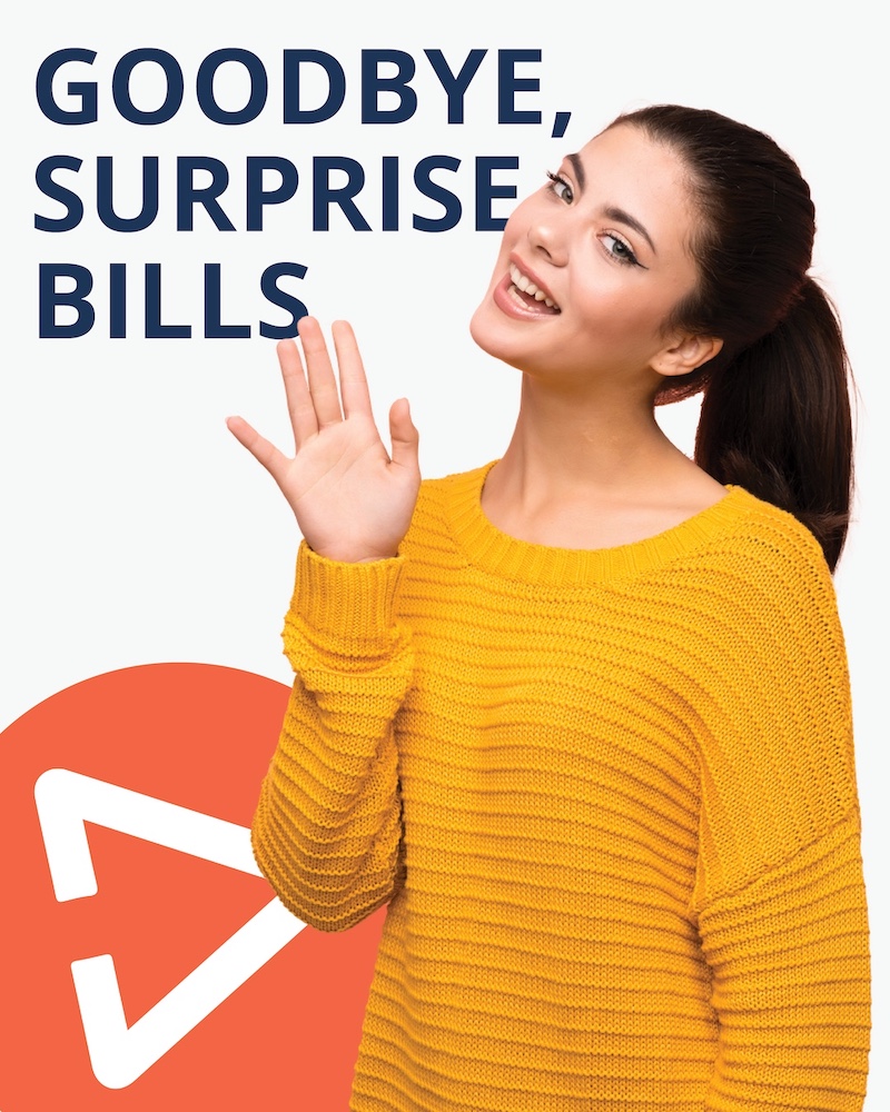 Woman in yellow waving with 'Goodbye, Surprise Bills' text